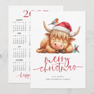 Cute Highland Cow 2026 Calendar Merry Christmas Holiday Card