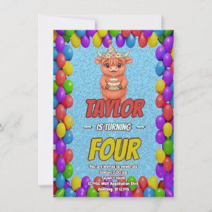 Cute Highland Cow 4th Birthday Invitation