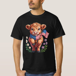 Cute Highland Cow 4th of July USA Flag Patriotic T-Shirt