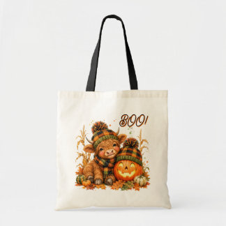 Cute Highland Cow and Jack O Lantern Watercolor Tote Bag