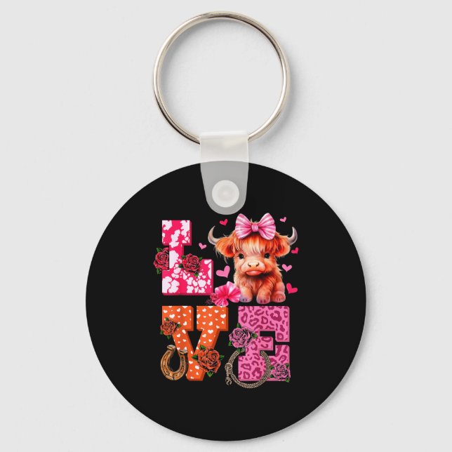 Cute Highland Cow And Nk Heart Valentines Day Love Key Ring (Front)