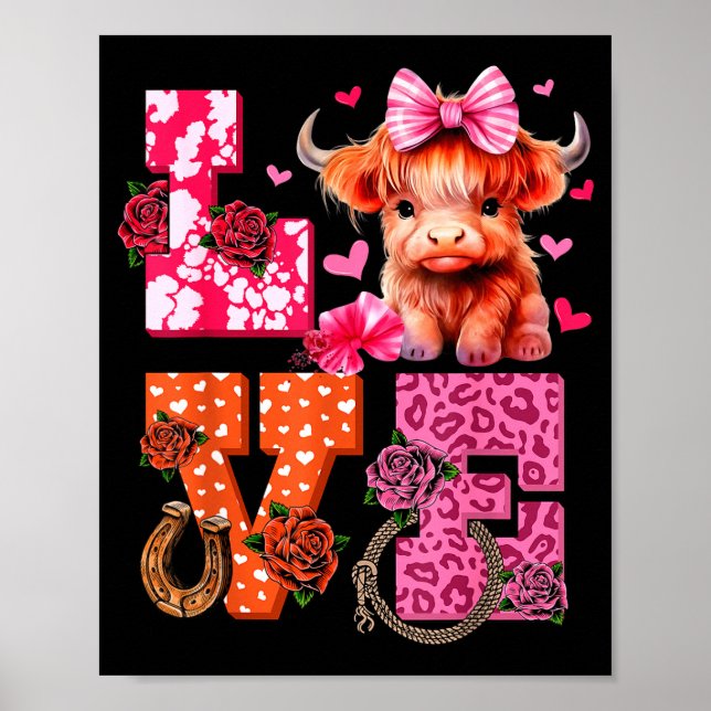 Cute Highland Cow And Nk Heart Valentines Day Love Poster (Front)
