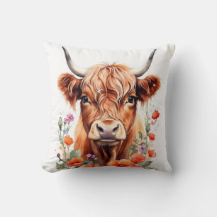 Cute Highland Cow And Poppy Flowers Watercolor Cushion