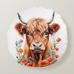 Cute Highland Cow And Poppy Flowers Watercolor Round Cushion