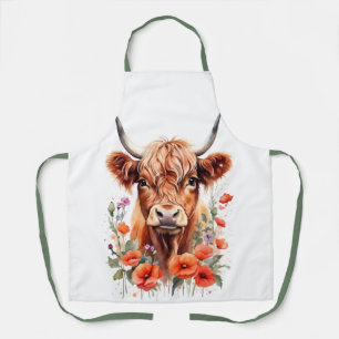 Cute Highland Cow And Red Poppies Watercolor Apron