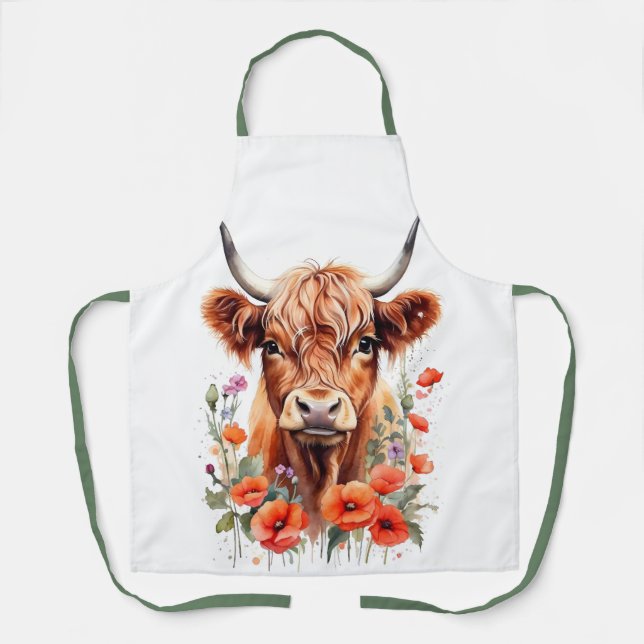 Cute Highland Cow And Red Poppies Watercolor Apron (Front)