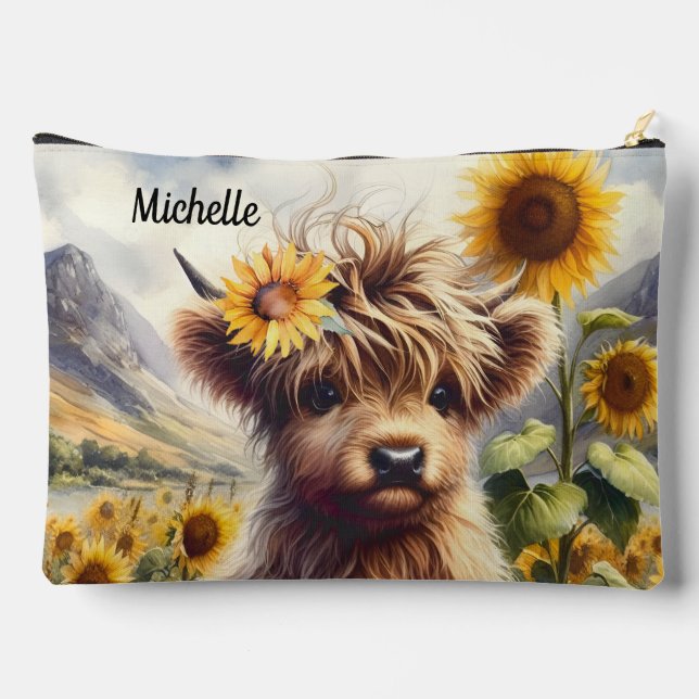 Cute Highland Cow And Sunflowers With Name Accessory Pouch (Back)