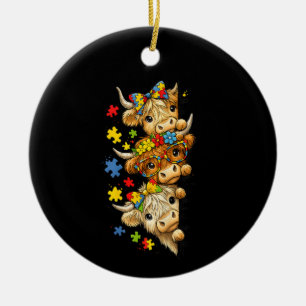 Cute Highland Cow Autism Awareness Puzzle Piece Ceramic Ornament