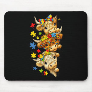 Cute Highland Cow Autism Awareness Puzzle Piece Mouse Pad
