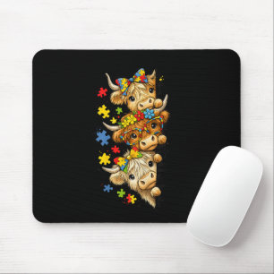 Cute Highland Cow Autism Awareness Puzzle Piece Mouse Pad