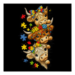 Cute Highland Cow Autism Awareness Puzzle Piece Poster