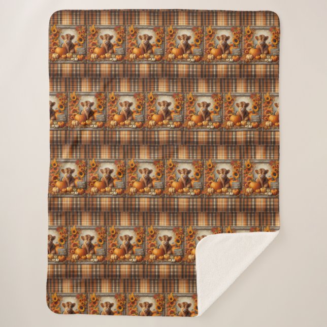Cute Highland Cow Autumn print Sherpa Blanket (Front)