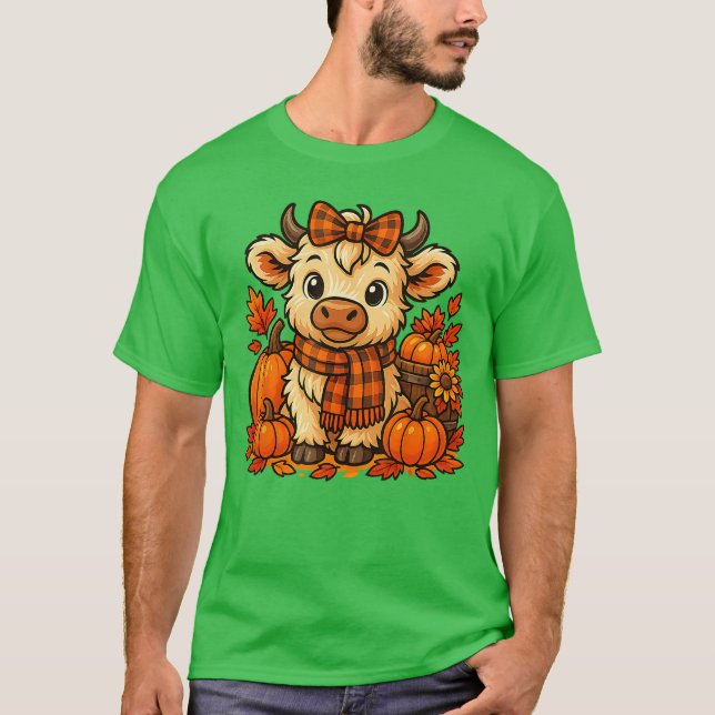 Cute Highland Cow Autumn Pumpkin Plaid Scarf Fall  T-Shirt (Front)