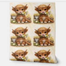 Cute Highland Cow Baby Pattern Wallpaper