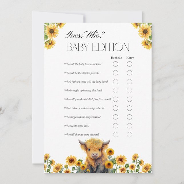 Cute Highland Cow Baby Shower Game Card (Front)