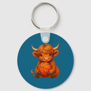 Cute Highland Cow Basketball Calf Graphic Art Key Ring