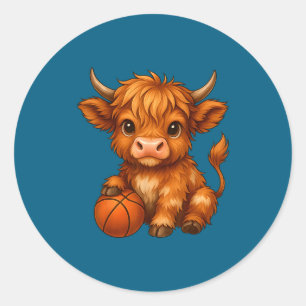 Cute highland cow basketball calf sports lover classic round sticker