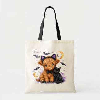 Cute Highland Cow Black Cat Halloween Watercolor Tote Bag