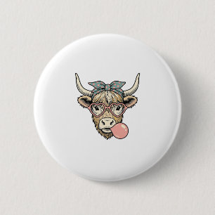 Cute Highland Cow Bubble Gum Vintage Vector Design 6 Cm Round Badge