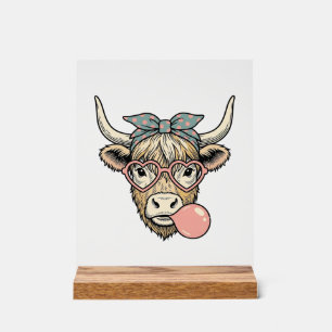 Cute Highland Cow Bubble Gum Vintage Vector Design Acrylic Sign