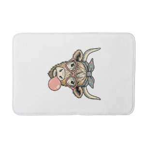 Cute Highland Cow Bubble Gum Vintage Vector Design Bath Mat