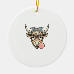 Cute Highland Cow Bubble Gum Vintage Vector Design Ceramic Ornament
