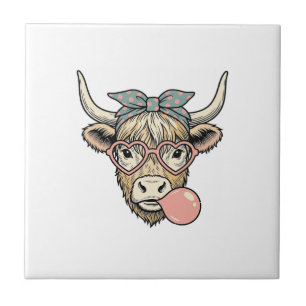 Cute Highland Cow Bubble Gum Vintage Vector Design Ceramic Tile