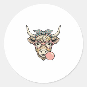 Cute Highland Cow Bubble Gum Vintage Vector Design Classic Round Sticker