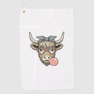 Cute Highland Cow Bubble Gum Vintage Vector Design Golf Towel