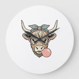 Cute Highland Cow Bubble Gum Vintage Vector Design Large Clock