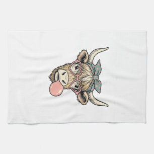 Cute Highland Cow Bubble Gum Vintage Vector Design Tea Towel