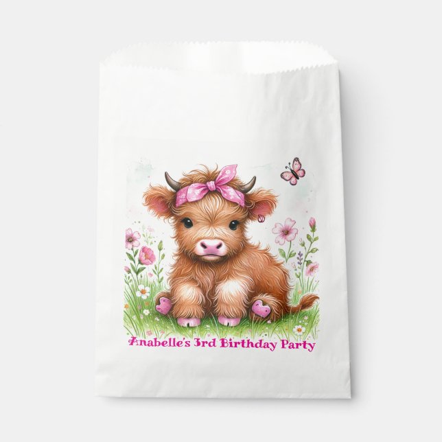 Cute Highland Cow Butterfly Girl Birthday Party Favour Bag (Front)