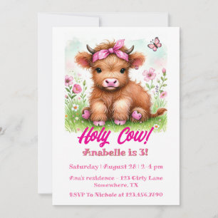 Cute Highland Cow Butterfly Girl Birthday Party  Invitation