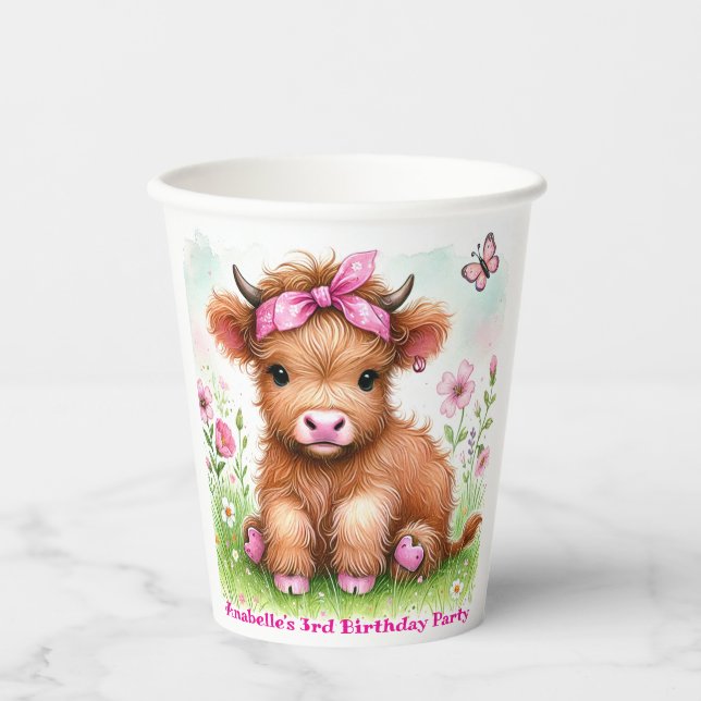 Cute Highland Cow Butterfly Girl Birthday Party Paper Cups (Front)