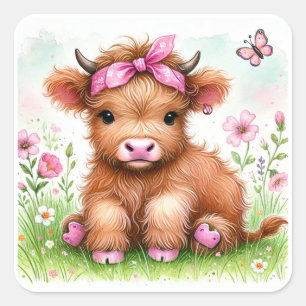 Cute Highland Cow Butterfly Girl Birthday Party Square Sticker