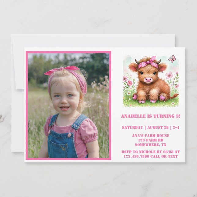 Cute Highland Cow Butterfly Photo Birthday Party  Invitation (Front)