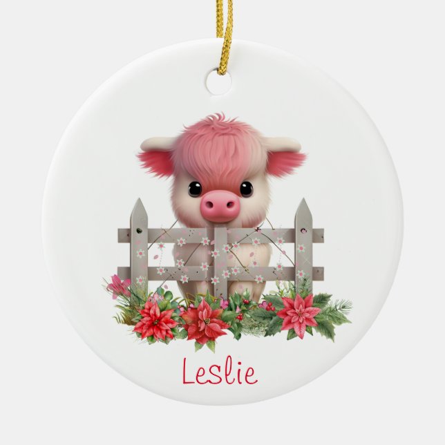 Cute Highland Cow Calf Christmas Personalised Name Ceramic Ornament (Front)
