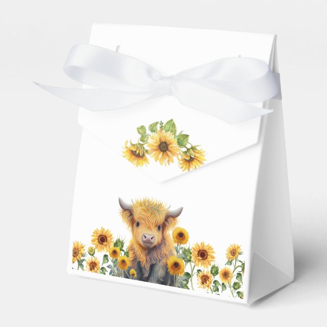 Cute Highland Cow Calf Sunflowers Baby Shower Favour Box (Front Side)