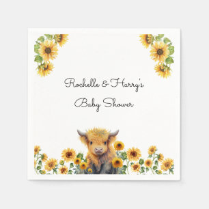 Cute Highland Cow Calf Sunflowers Baby Shower Napkin
