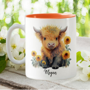 Cute Highland Cow Calf Sunflowers Personalised Two-Tone Coffee Mug
