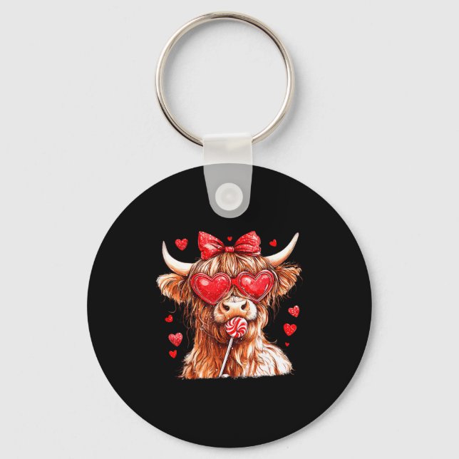 Cute Highland Cow Candy Cane Heart Valentines Day  Key Ring (Front)