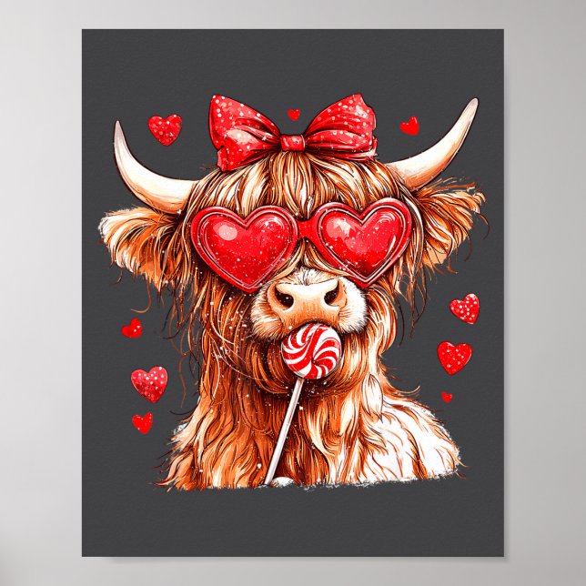 Cute Highland Cow Candy Cane Heart Valentines Day  Poster (Front)