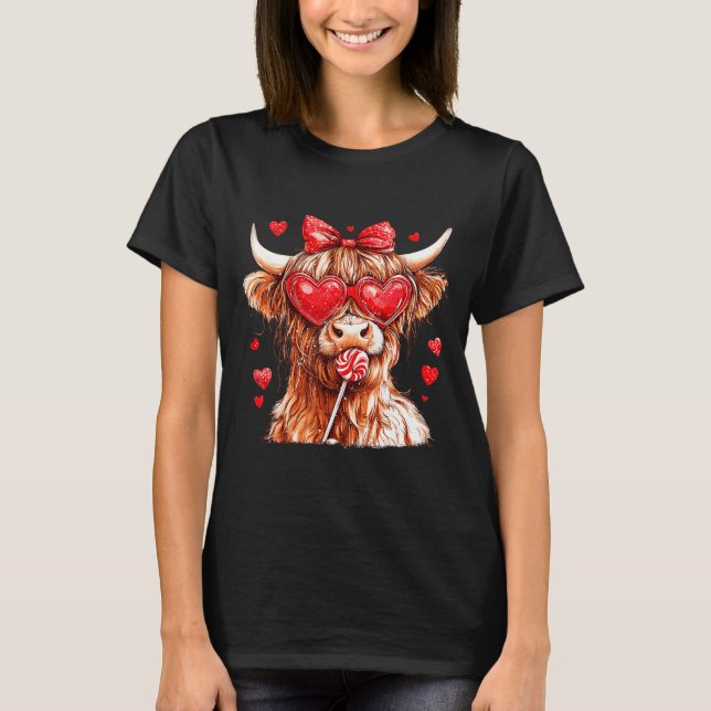 Cute Highland Cow Candy Cane Heart Valentines Day  T-Shirt (Front)