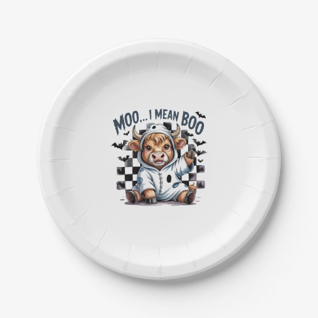 Cute Highland Cow Chequered Halloween Te Paper Plate (Front)
