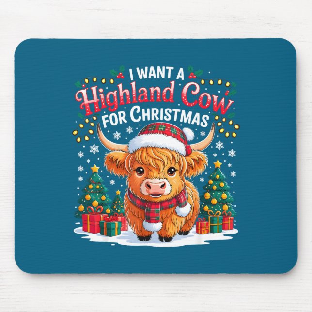 Cute Highland Cow Christmas Funny Santa Lights Hol Mouse Pad (Front)