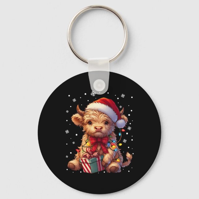 Cute Highland Cow Christmas Highland Cow Xmas Sant Key Ring (Front)