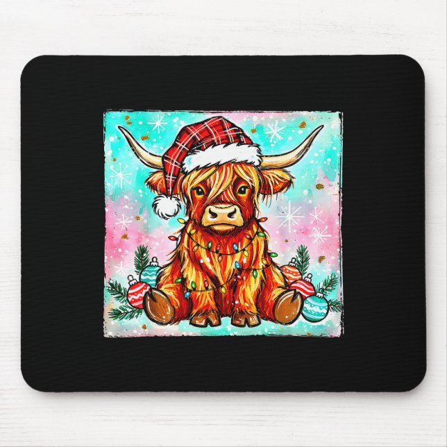 Cute Highland Cow Christmas Lights Merry Xmas Cows Mouse Pad (Front)