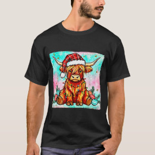 Cute Highland Cow Christmas Lights Merry Xmas Cows T-Shirt