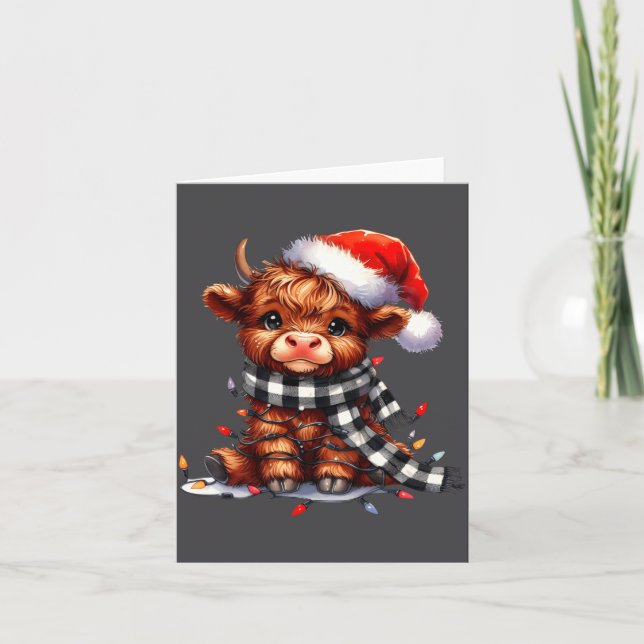 Cute Highland Cow Christmas Lights Santa Hat Winte Card (Front)