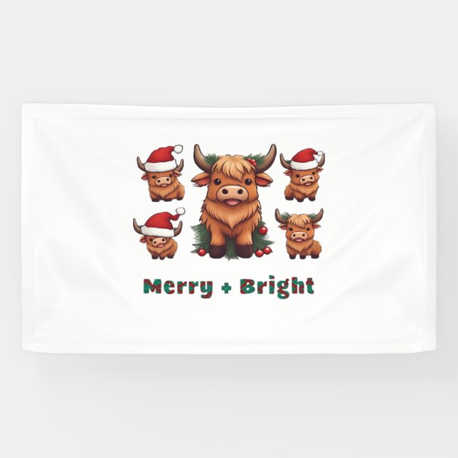 Cute Highland Cow Christmas Merry and Bright, Scot Banner (Horizontal)